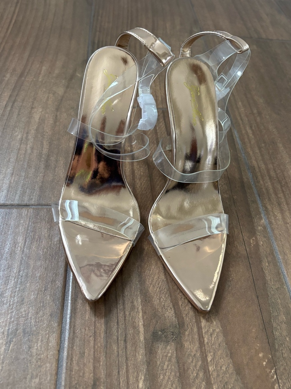 Genshuo Metallic Gold Pointed Heels with Clear Straps